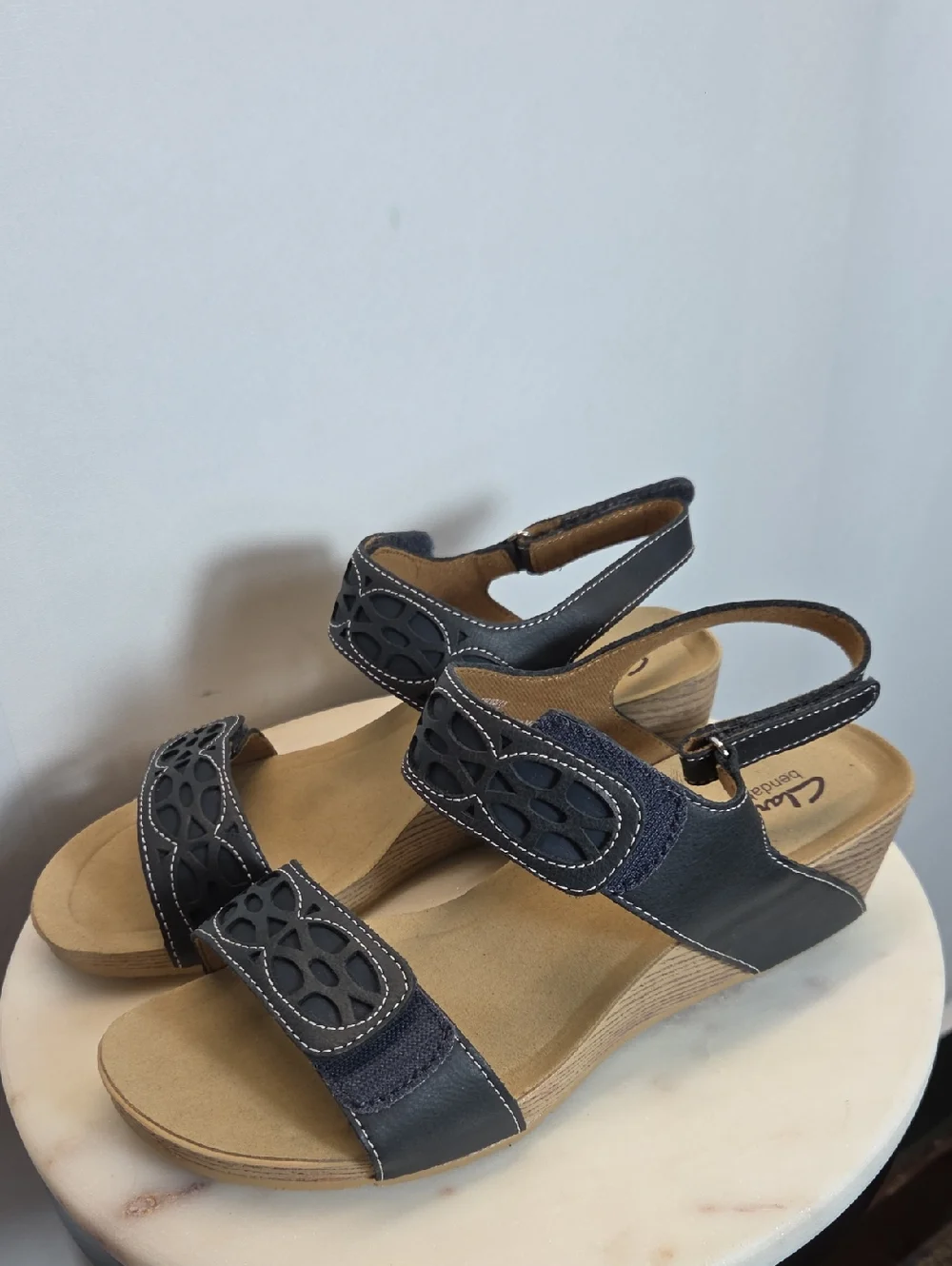 Clarks Navy Blue Leather Slingback Wedge Sandals Size 10W